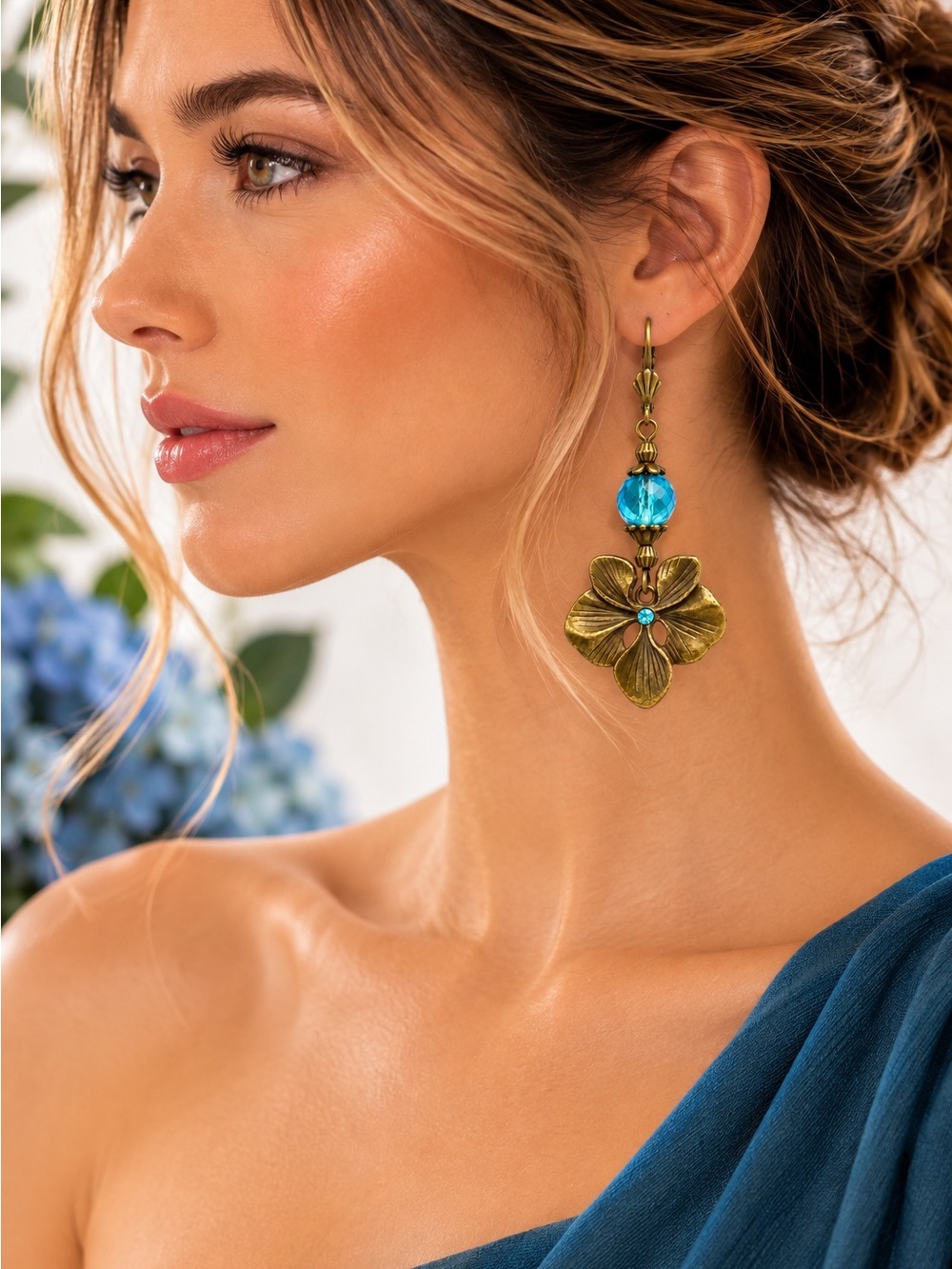 Handmade Blue Czech Glass Faceted Bead, Antique Brass Pansy Earrings - Picture 4 of 11